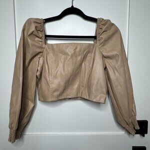 7 For All Mankind Faux Leather Puff Sleeve Square Neckline Smocked Back Medium M